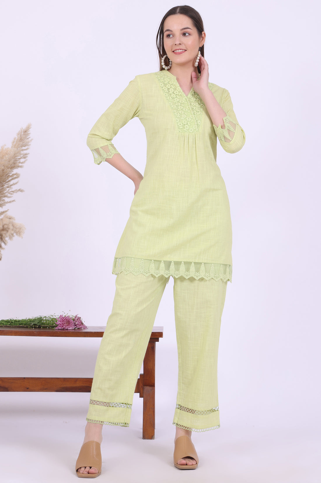 Green Solid Pure Cotton A-Line Kurta &amp; Palazzos Set