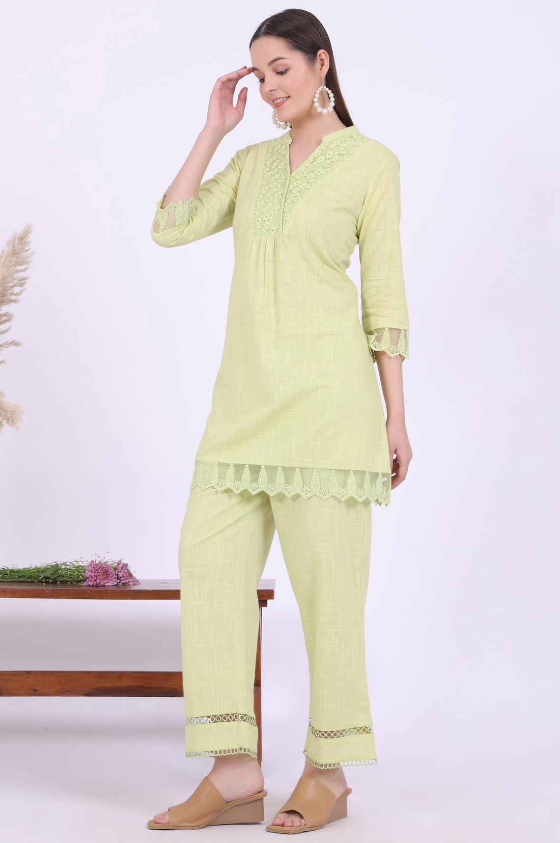 Green Solid Pure Cotton A-Line Kurta &amp; Palazzos Set