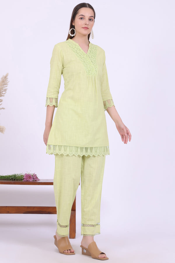 Green Solid Pure Cotton A-Line Kurta & Palazzos Set