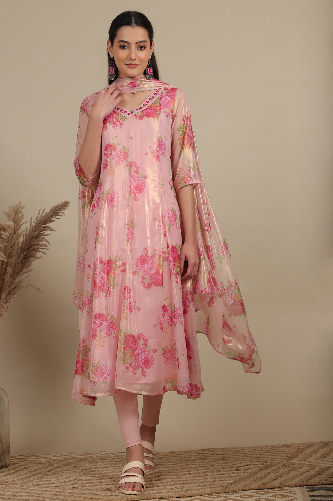 Apricot Pink Floral Printed Sheer Anarkali Kurta, Leggings and Dupatta Set