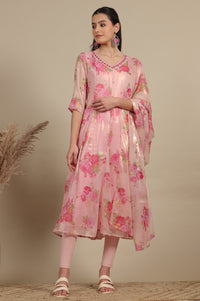 Apricot Pink Floral Printed Sheer Anarkali Kurta, Leggings and Dupatta Set