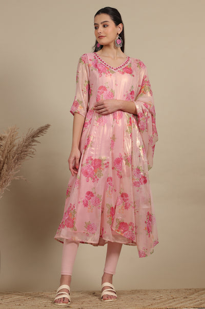 Apricot Pink Floral Printed Sheer Anarkali Kurta, Leggings and Dupatta Set