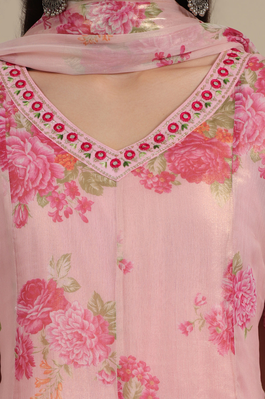 Apricot Pink Floral Printed Sheer Anarkali Kurta, Leggings and Dupatta Set