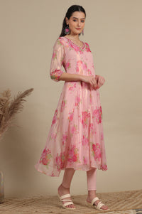 Apricot Pink Floral Printed Sheer Anarkali Kurta, Leggings and Dupatta Set
