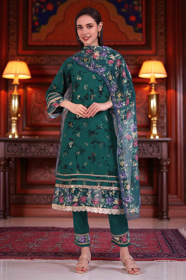 Green Foil Floral Printed Embellished A-line Kurta, Trousers and Stole Set