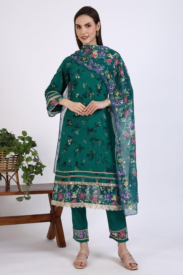 Green Foil Floral Printed Embellished A-line Kurta, Trousers and Stole Set