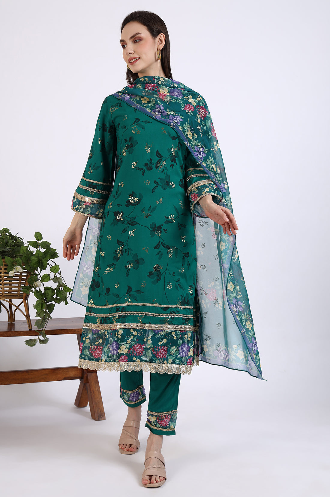 Green Foil Floral Printed Embellished A-line Kurta, Trousers and Stole Set