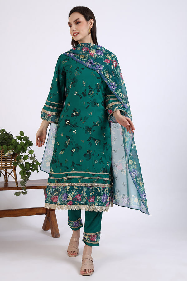 Green Foil Floral Printed Embellished A-line Kurta, Trousers and Stole Set