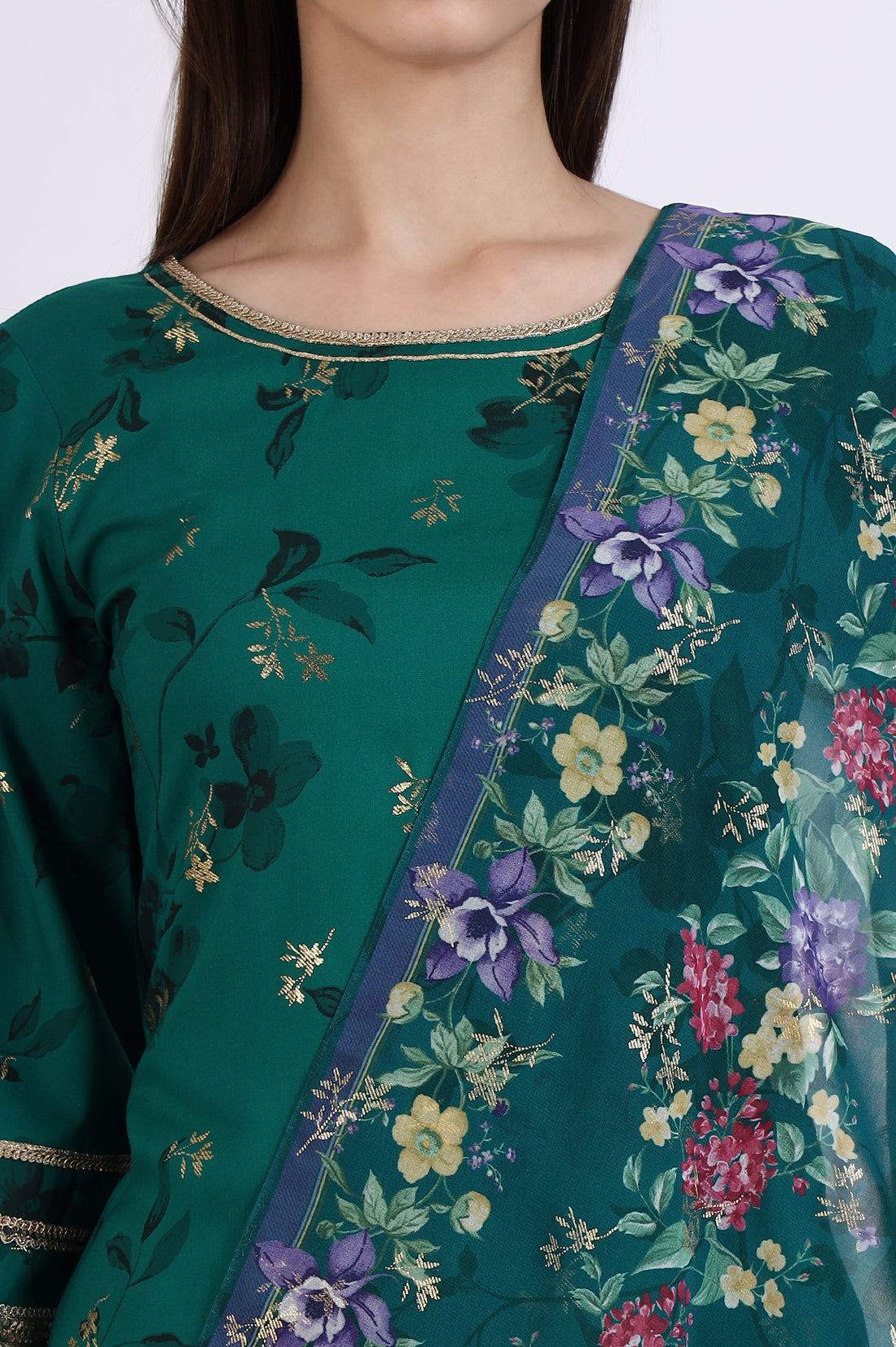 Green Foil Floral Printed Embellished A-line Kurta, Trousers and Stole Set