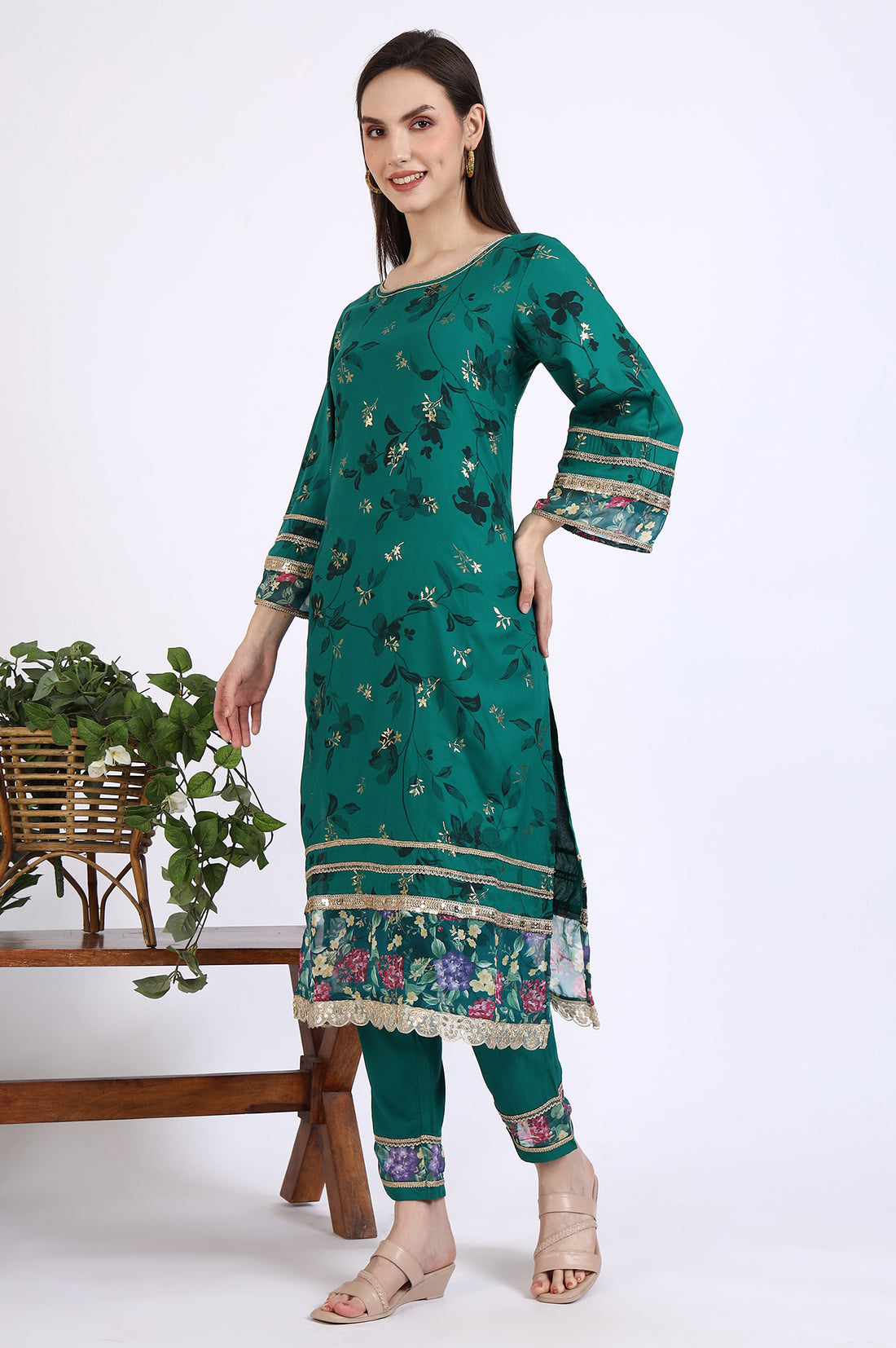Green Foil Floral Printed Embellished A-line Kurta, Trousers and Stole Set