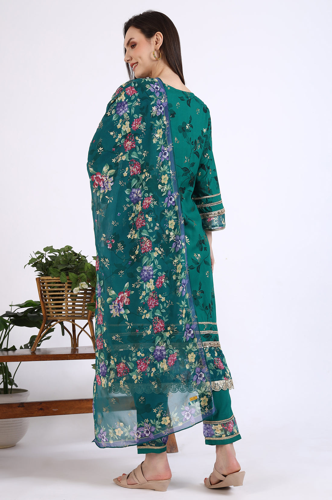Green Foil Floral Printed Embellished A-line Kurta, Trousers and Stole Set