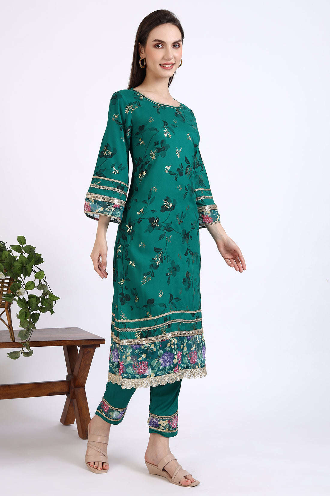 Green Foil Floral Printed Embellished A-line Kurta, Trousers and Stole Set