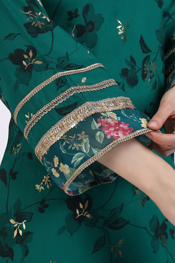 Green Foil Floral Printed Embellished A-line Kurta, Trousers and Stole Set