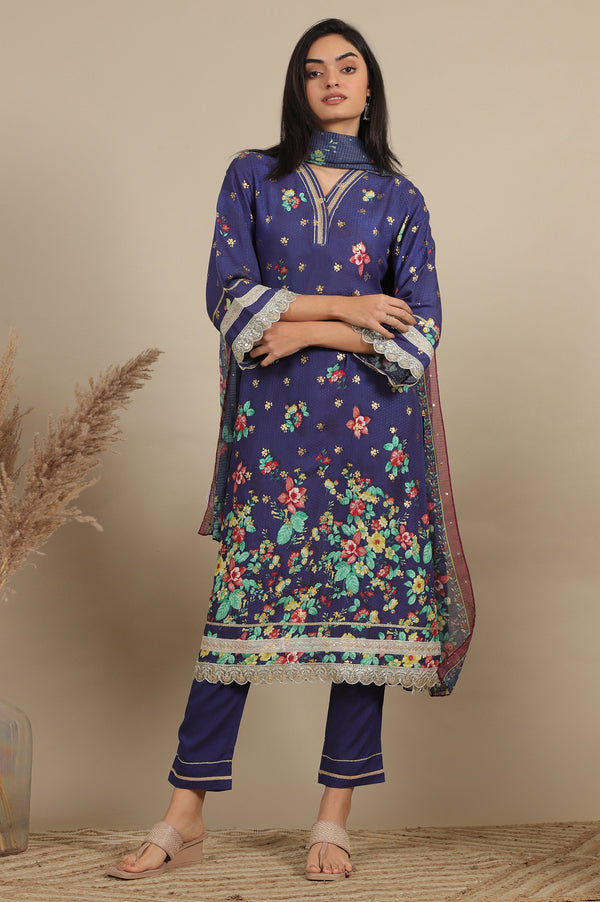 Blue Floral Printed A-line Kurta, Trousers and Dupatta Set