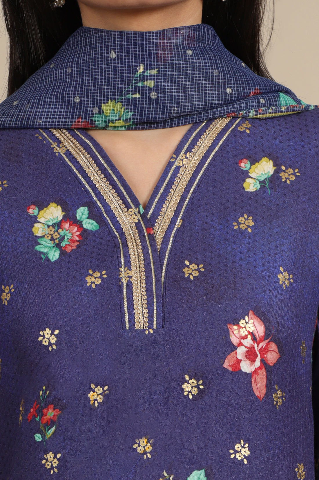 Blue Floral Printed A-line Kurta, Trousers and Dupatta Set