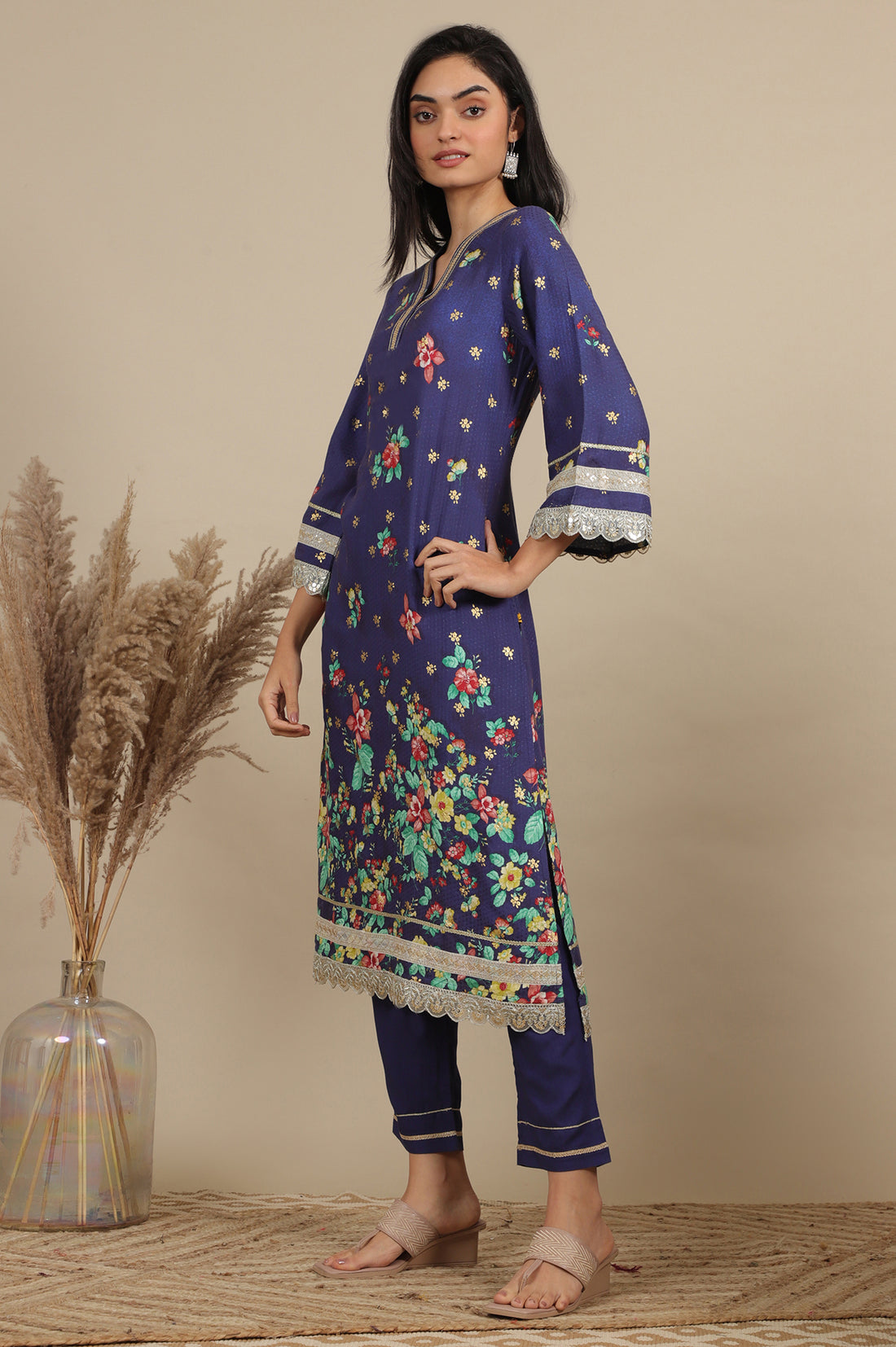 Blue Floral Printed A-line Kurta, Trousers and Dupatta Set