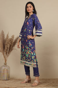 Blue Floral Printed A-line Kurta, Trousers and Dupatta Set