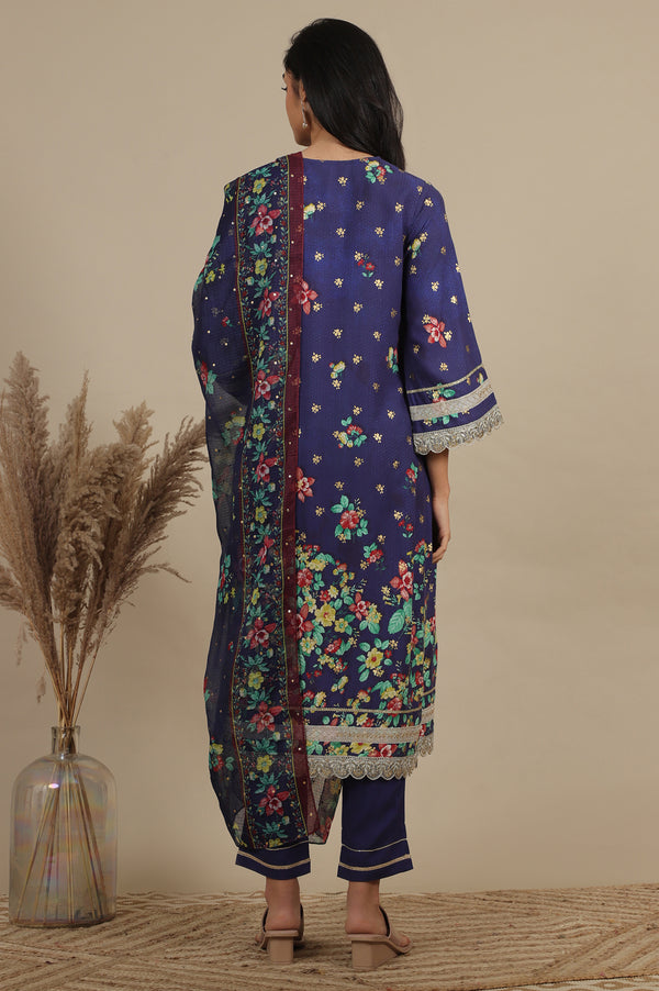 Blue Floral Printed A-line Kurta, Trousers and Dupatta Set