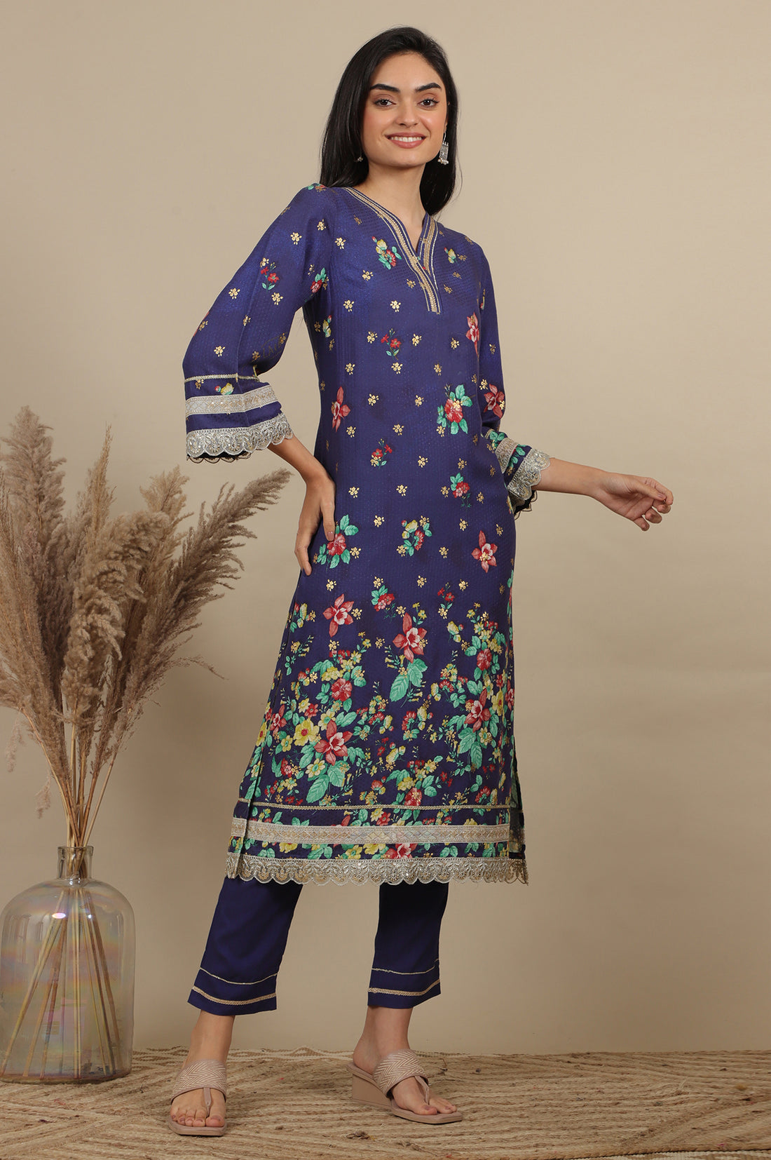 Blue Floral Printed A-line Kurta, Trousers and Dupatta Set