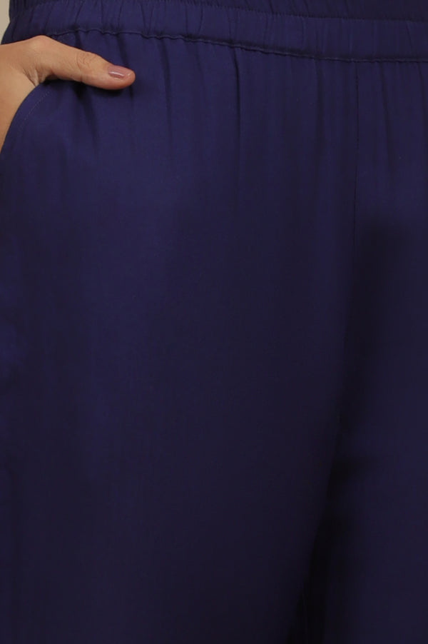 Blue Floral Printed A-line Kurta, Trousers and Dupatta Set