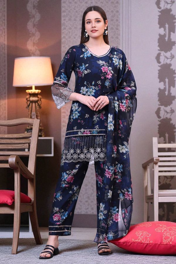 Blue Digital Floral Printed Lace Straight Kurta, Palazzo and Dupatta Set