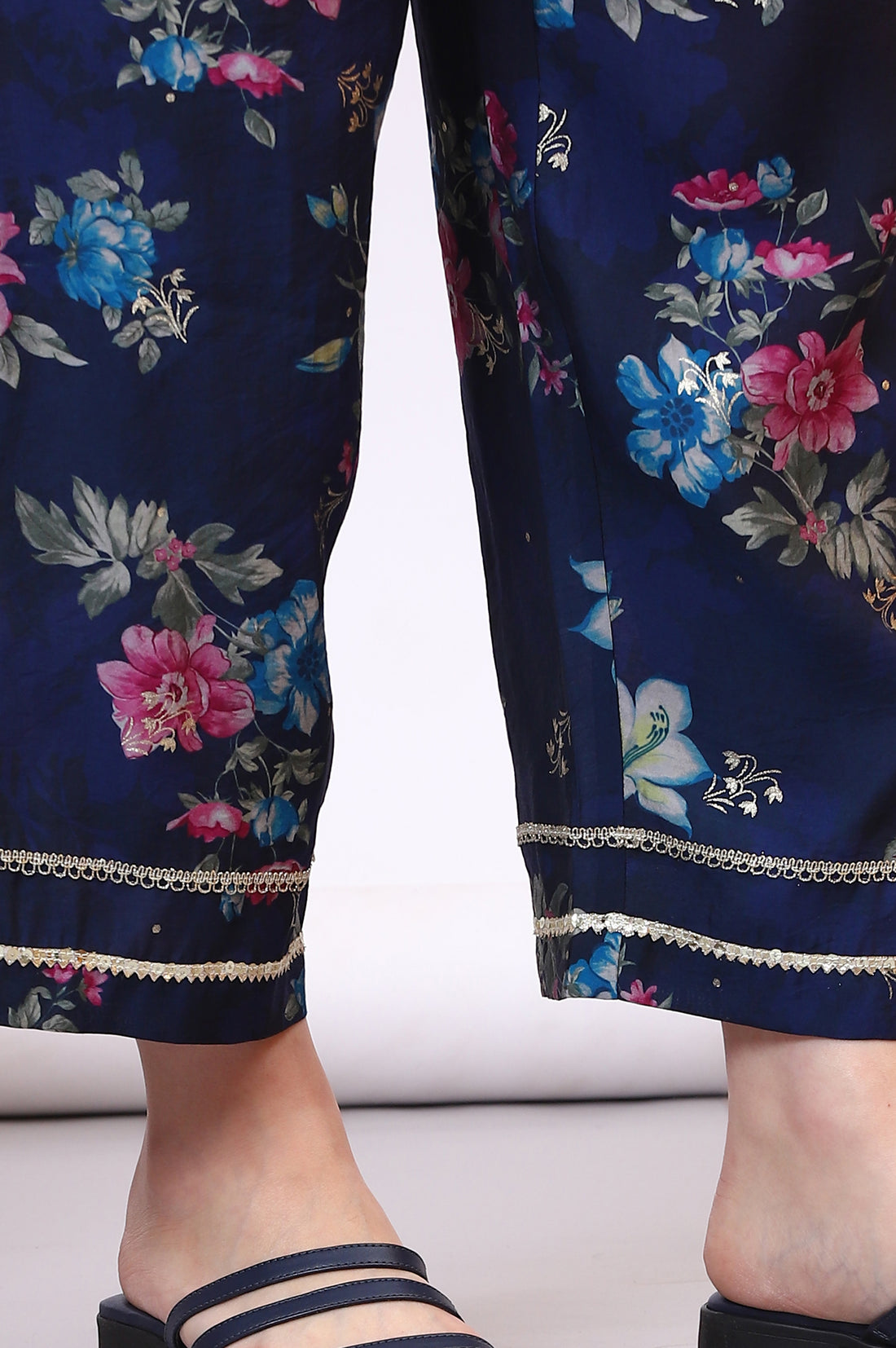 Blue Digital Floral Printed Lace Straight Kurta, Palazzo and Dupatta Set