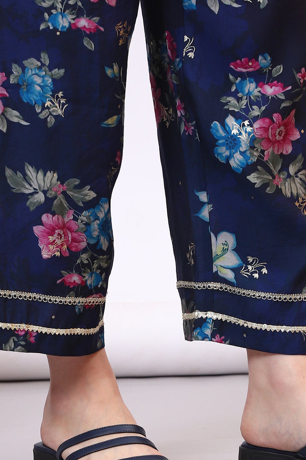 Blue Digital Floral Printed Lace Straight Kurta, Palazzo and Dupatta Set