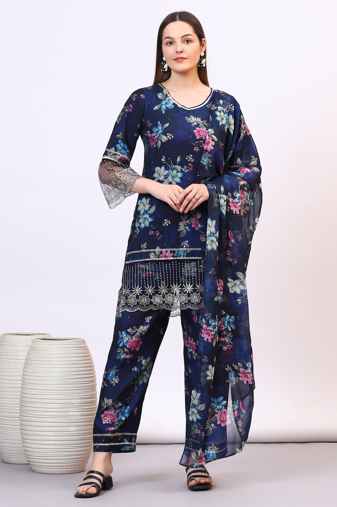 Blue Digital Floral Printed Lace Straight Kurta, Palazzo and Dupatta Set