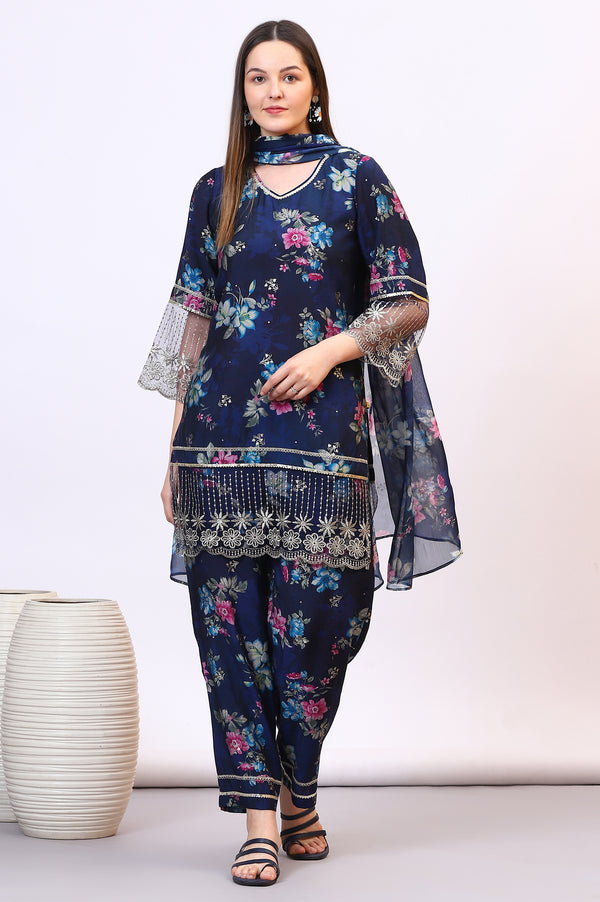 Blue Digital Floral Printed Lace Straight Kurta, Palazzo and Dupatta Set