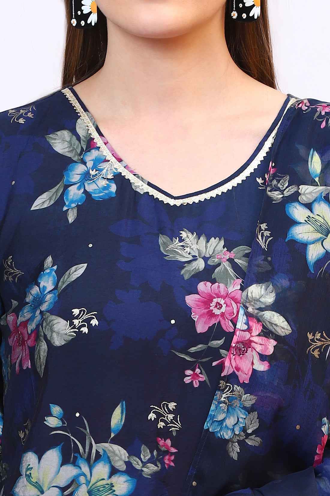 Blue Digital Floral Printed Lace Straight Kurta, Palazzo and Dupatta Set