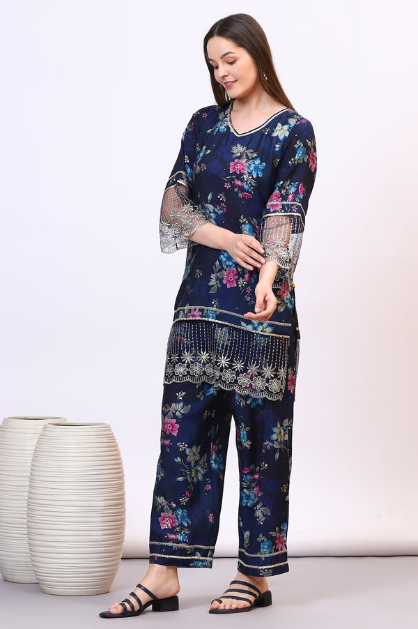 Blue Digital Floral Printed Lace Straight Kurta, Palazzo and Dupatta Set