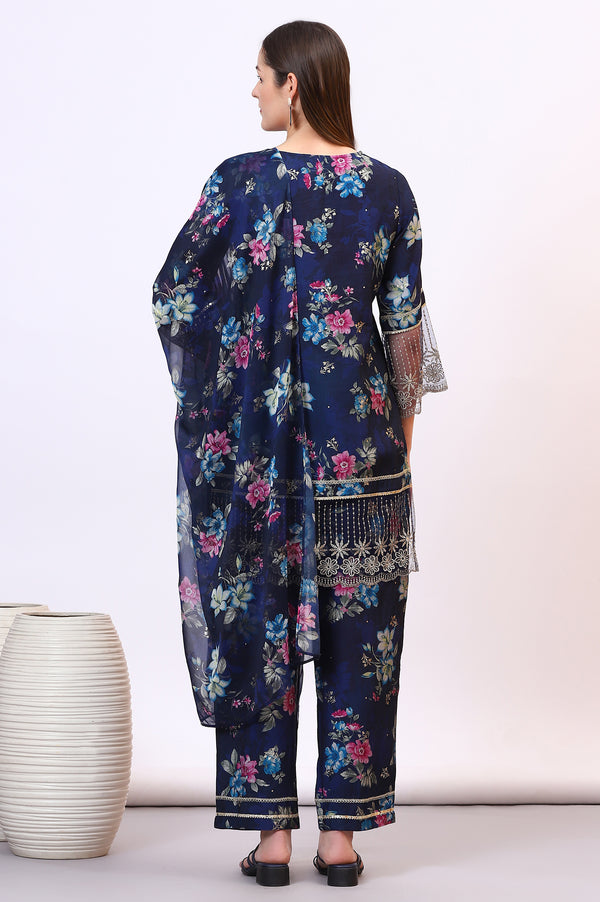 Blue Digital Floral Printed Lace Straight Kurta, Palazzo and Dupatta Set