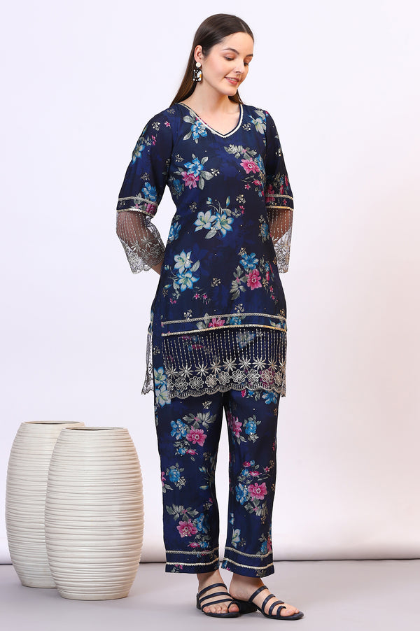Blue Digital Floral Printed Lace Straight Kurta, Palazzo and Dupatta Set