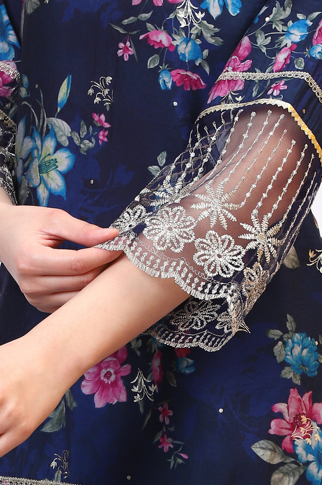 Blue Digital Floral Printed Lace Straight Kurta, Palazzo and Dupatta Set