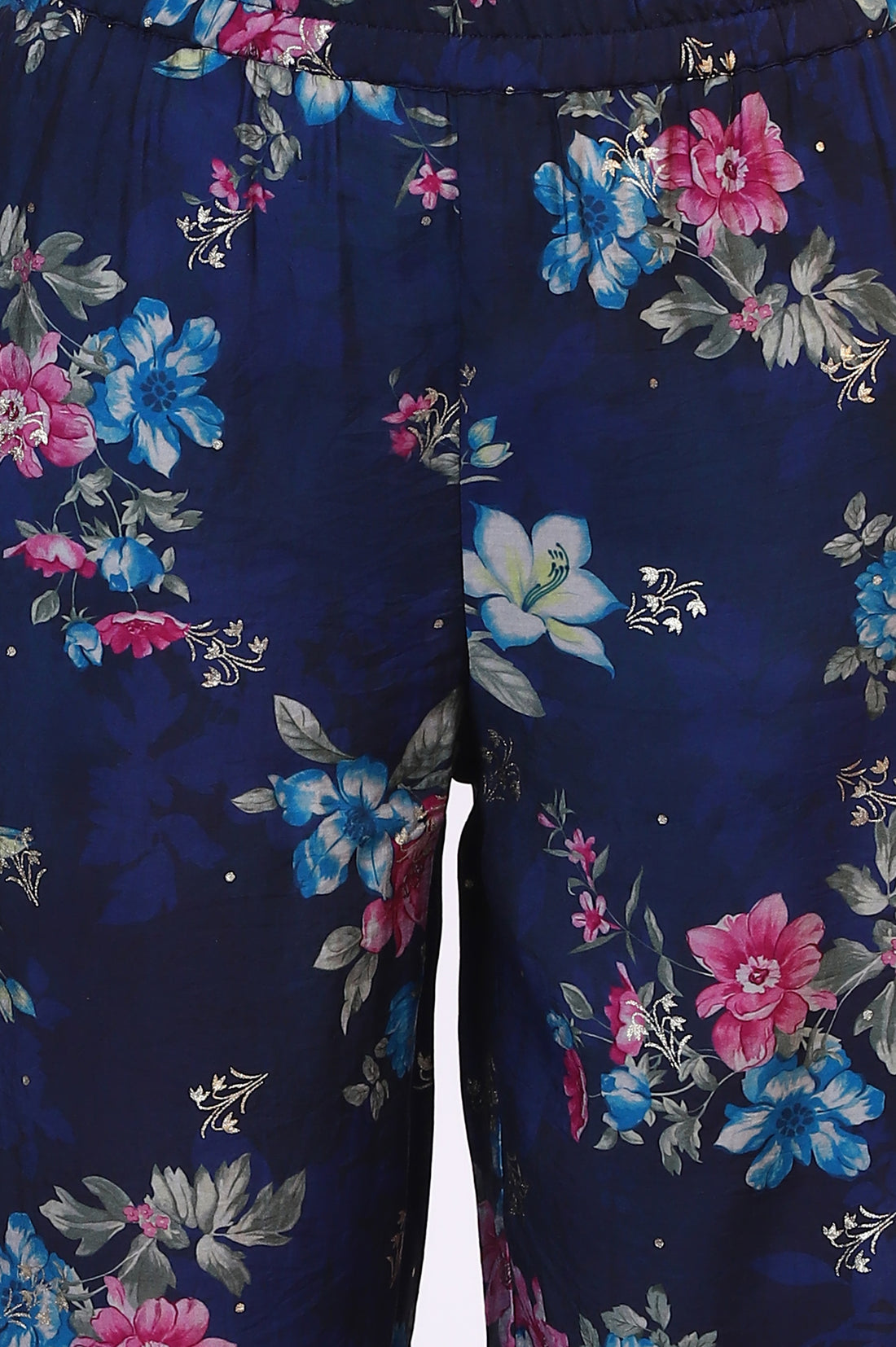 Blue Digital Floral Printed Lace Straight Kurta, Palazzo and Dupatta Set