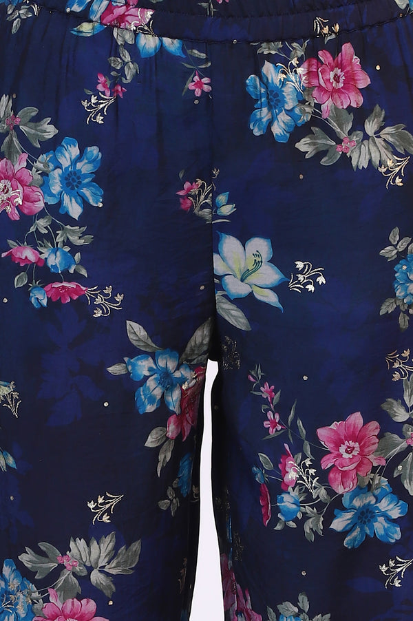 Blue Digital Floral Printed Lace Straight Kurta, Palazzo and Dupatta Set