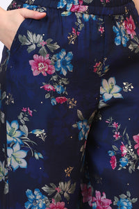 Blue Digital Floral Printed Lace Straight Kurta, Palazzo and Dupatta Set