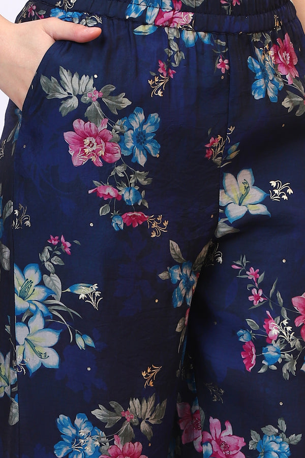 Blue Digital Floral Printed Lace Straight Kurta, Palazzo and Dupatta Set