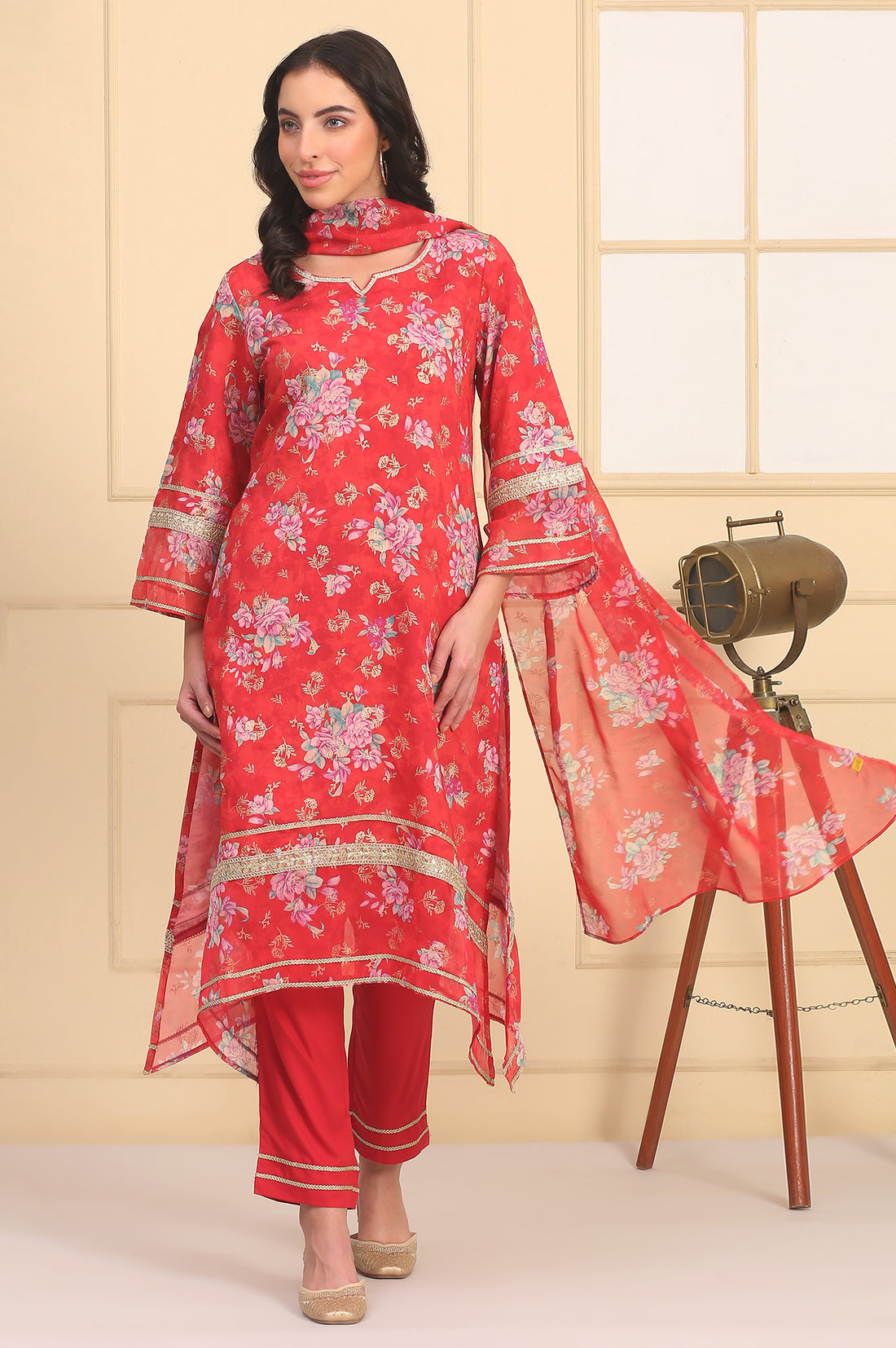 Red Floral Printed Lace Embellished A-Line Woven Fabric Kurta, Trousers and Dupatta
Set