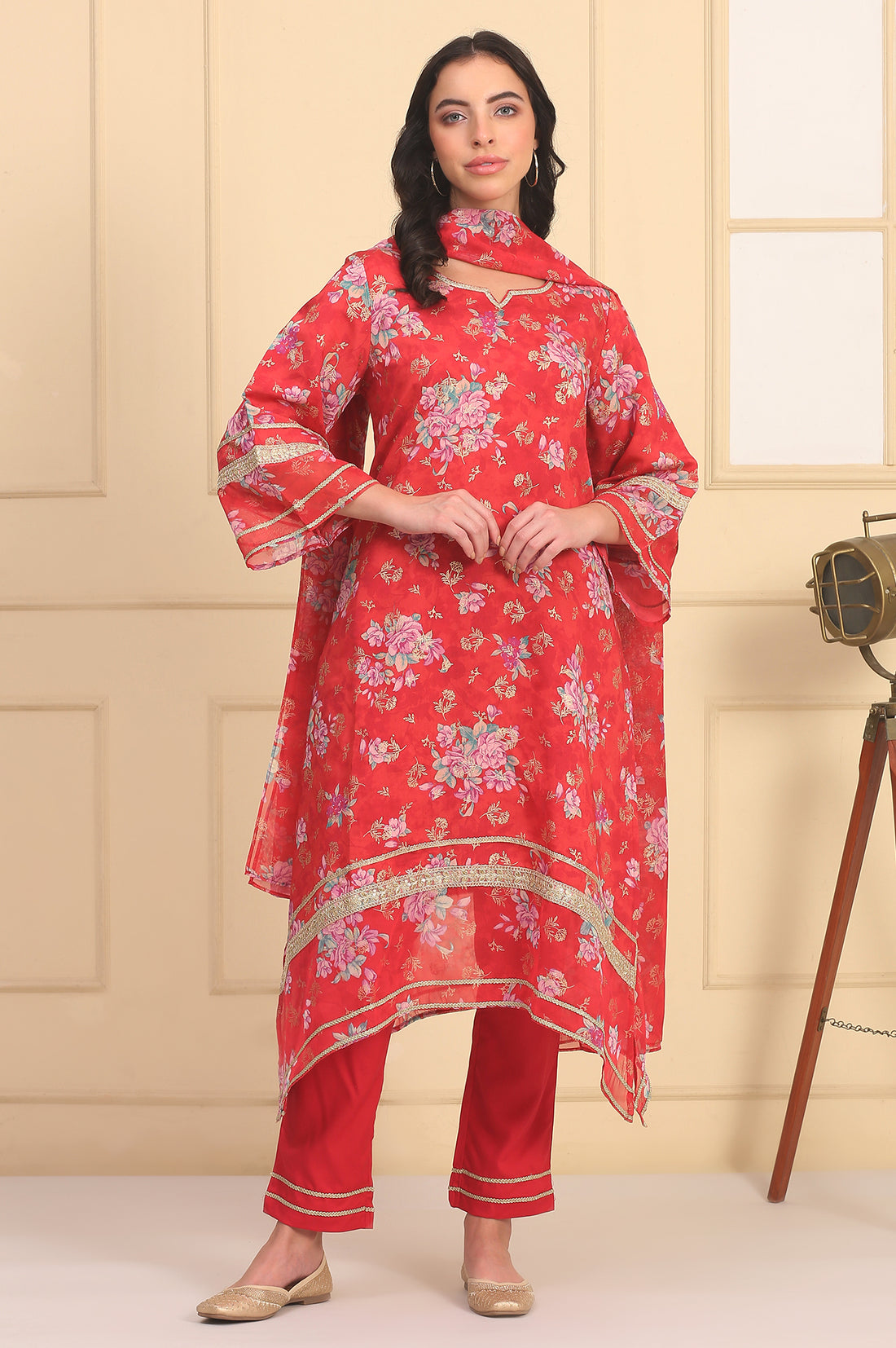 Red Floral Printed Lace Embellished A-Line Woven Fabric Kurta, Trousers and Dupatta
Set