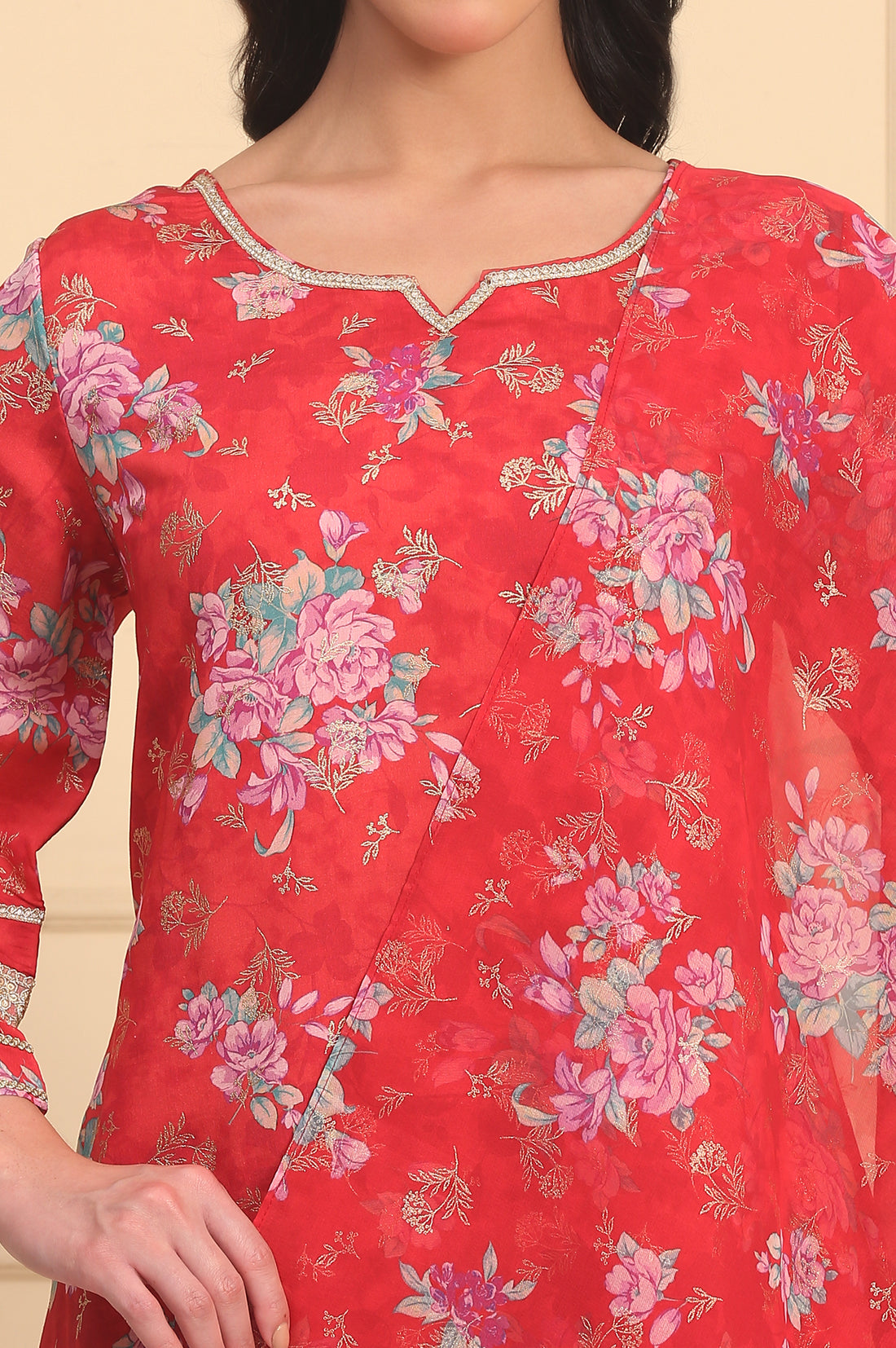 Red Floral Printed Lace Embellished A-Line Woven Fabric Kurta, Trousers and Dupatta
Set