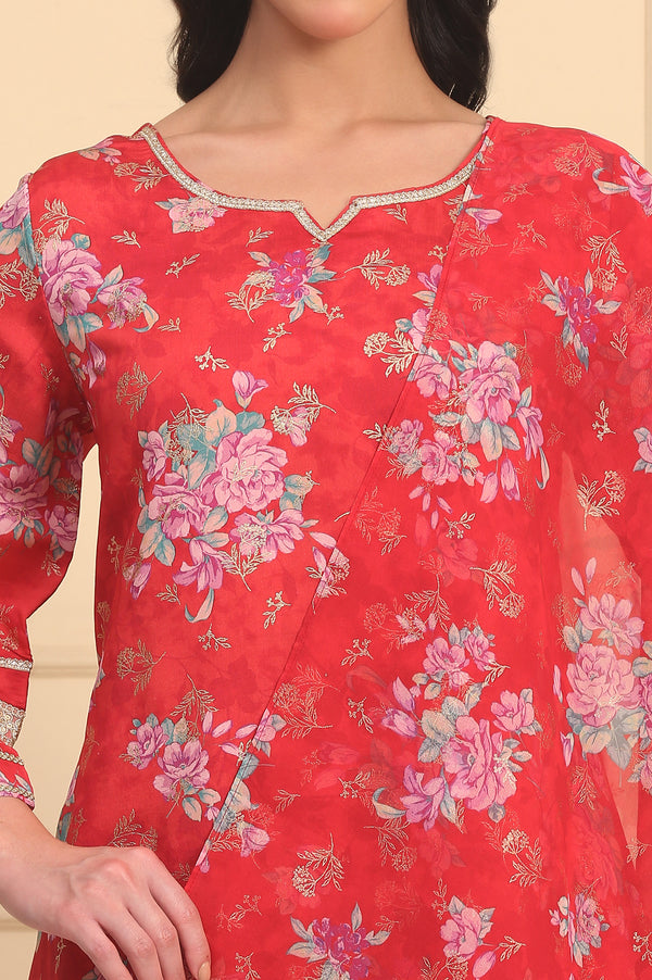 Red Floral Printed Lace Embellished A-Line Woven Fabric Kurta, Trousers and Dupatta
Set