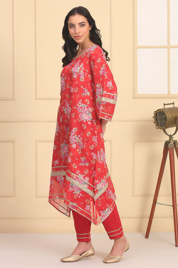 Red Floral Printed Lace Embellished A-Line Woven Fabric Kurta, Trousers and Dupatta
Set