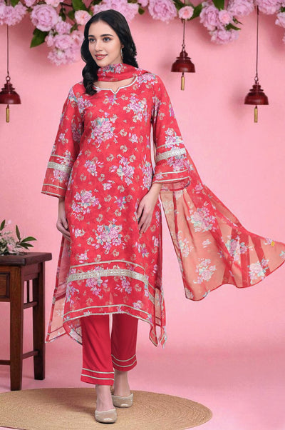 Red Floral Printed Lace Embellished A-Line Woven Fabric Kurta, Trousers and Dupatta
Set