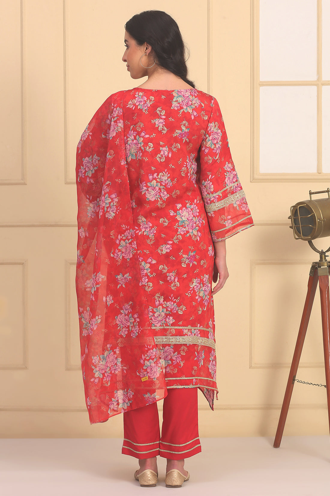 Red Floral Printed Lace Embellished A-Line Woven Fabric Kurta, Trousers and Dupatta
Set
