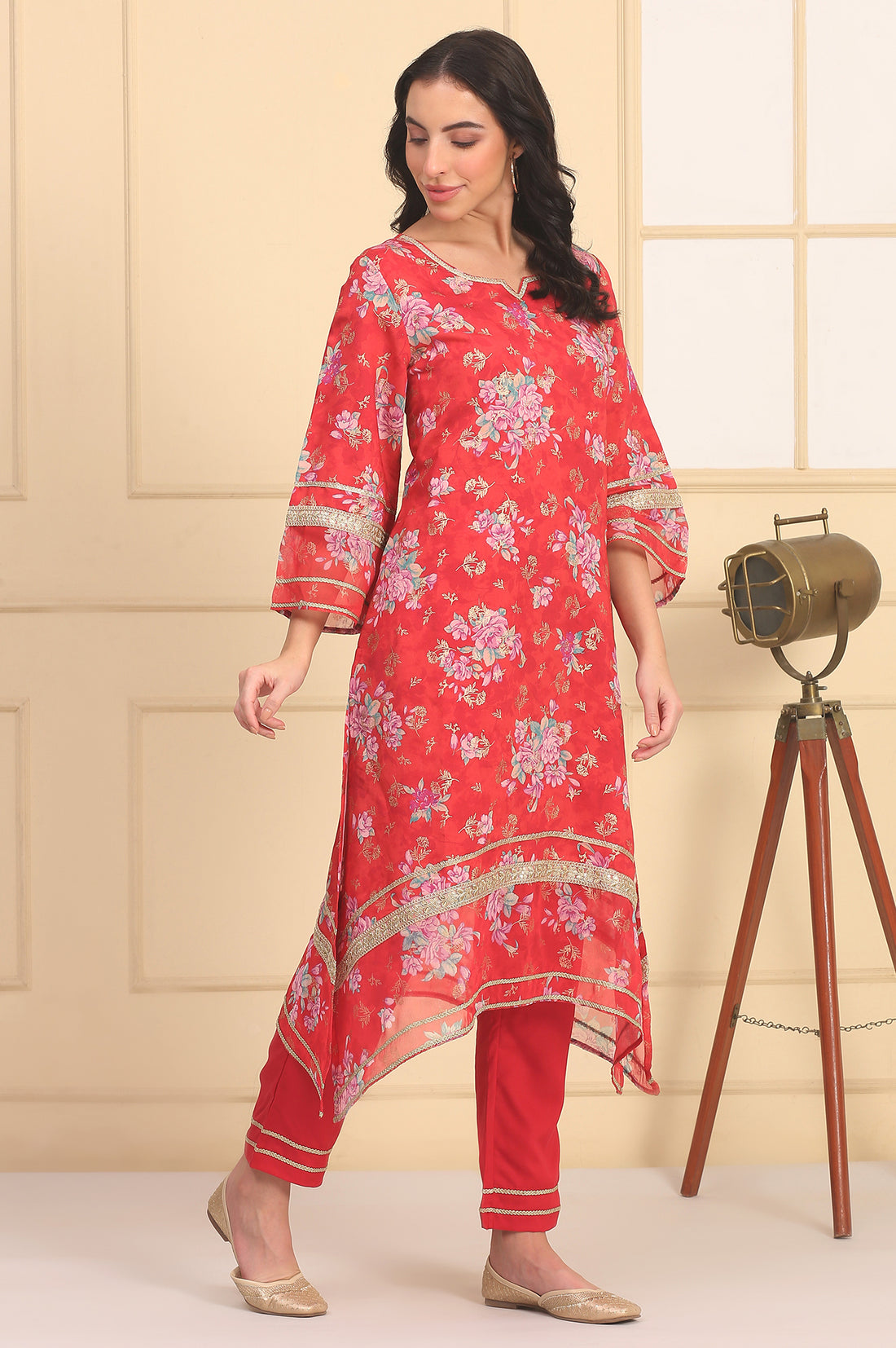 Red Floral Printed Lace Embellished A-Line Woven Fabric Kurta, Trousers and Dupatta
Set