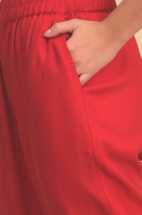 Red Floral Printed Lace Embellished A-Line Woven Fabric Kurta, Trousers and Dupatta
Set