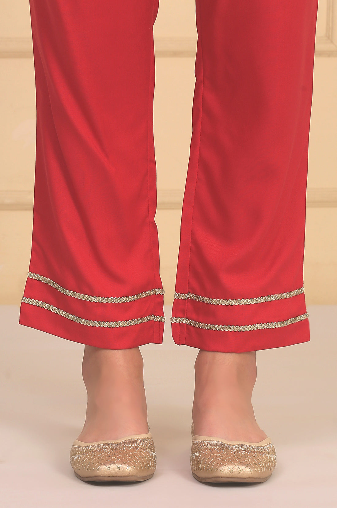 Red Floral Printed Lace Embellished A-Line Woven Fabric Kurta, Trousers and Dupatta
Set