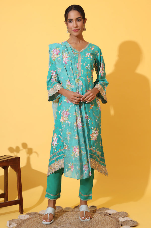 Green Floral Printed A-line Kurta, Trousers and Stole Set