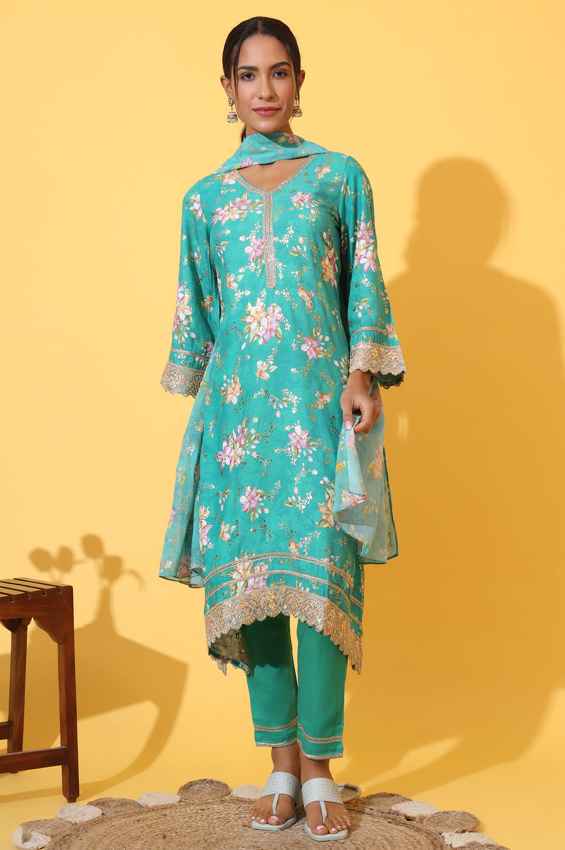 Green Floral Printed A-line Kurta, Trousers and Stole Set